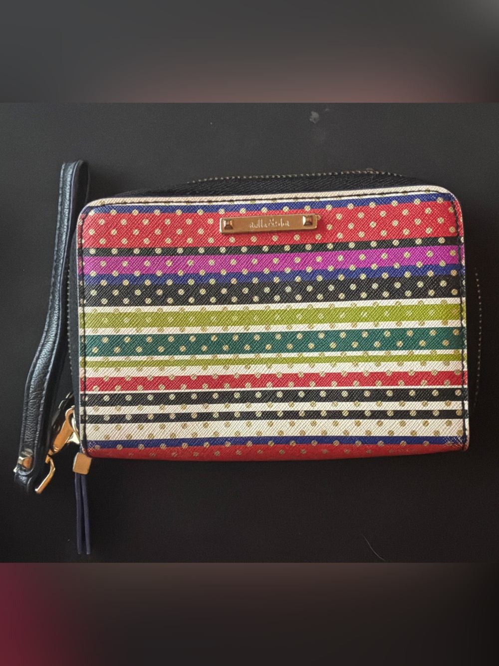 Stella & Dot Multicolor Striped Wristlet Wallet with Gold Plaque
